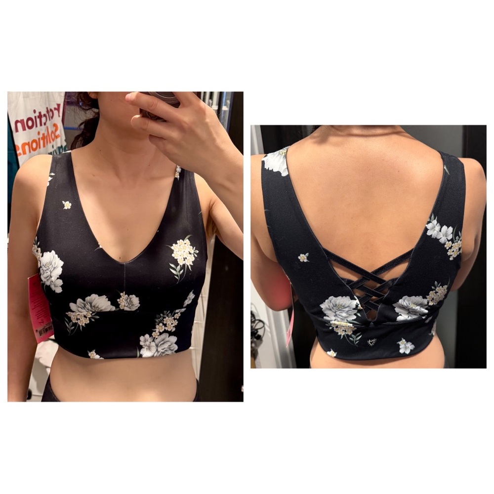 Betsey Johnson White Floral Black V-Neck Sports Bra